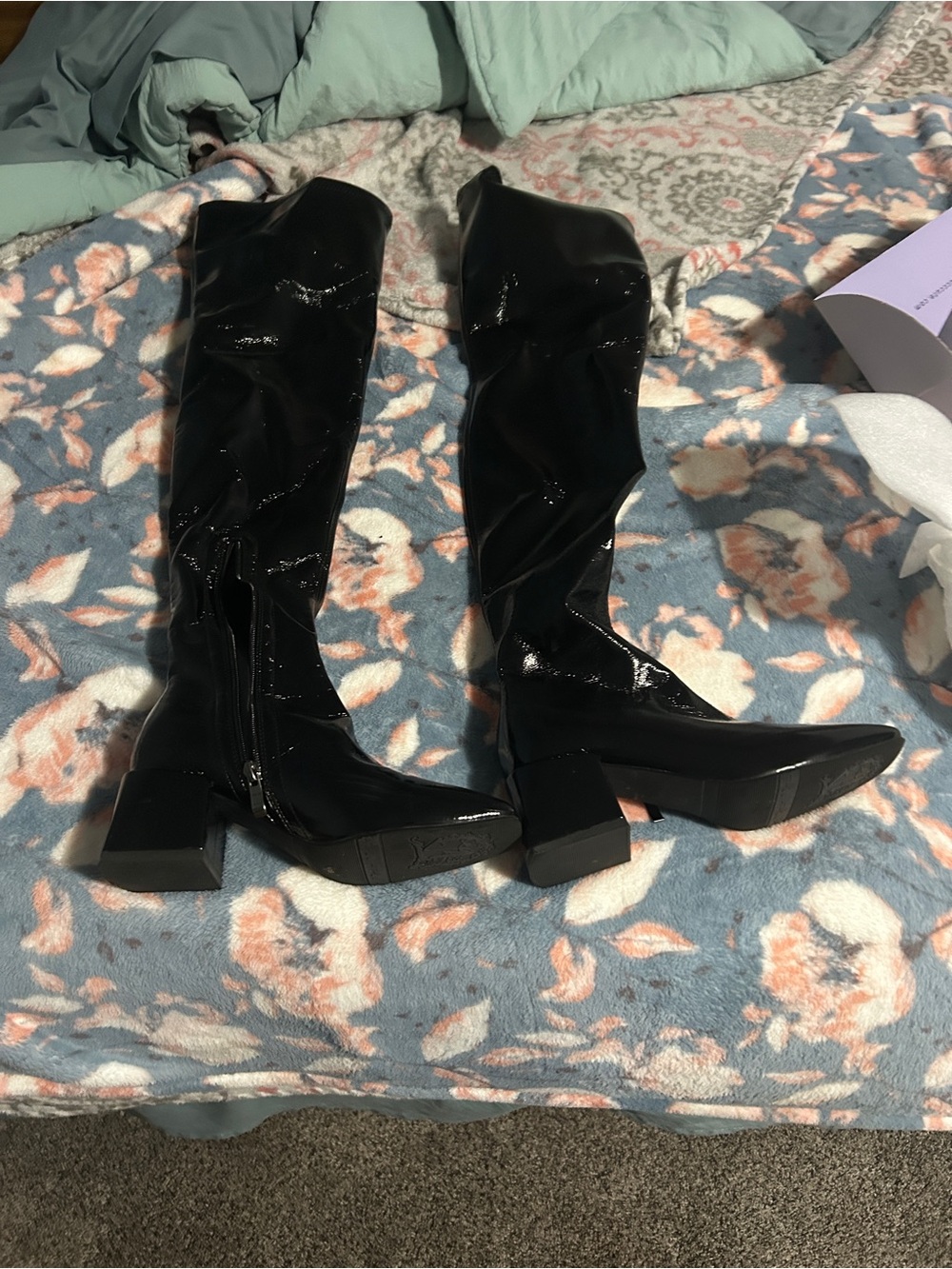 Black Patent Knee-High Block Heel Boots